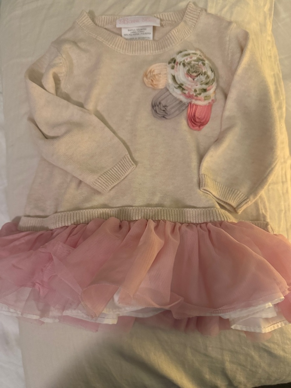 Bonnie Baby pink Sweater Dress with Tulle Skirt and Floral Appliqué